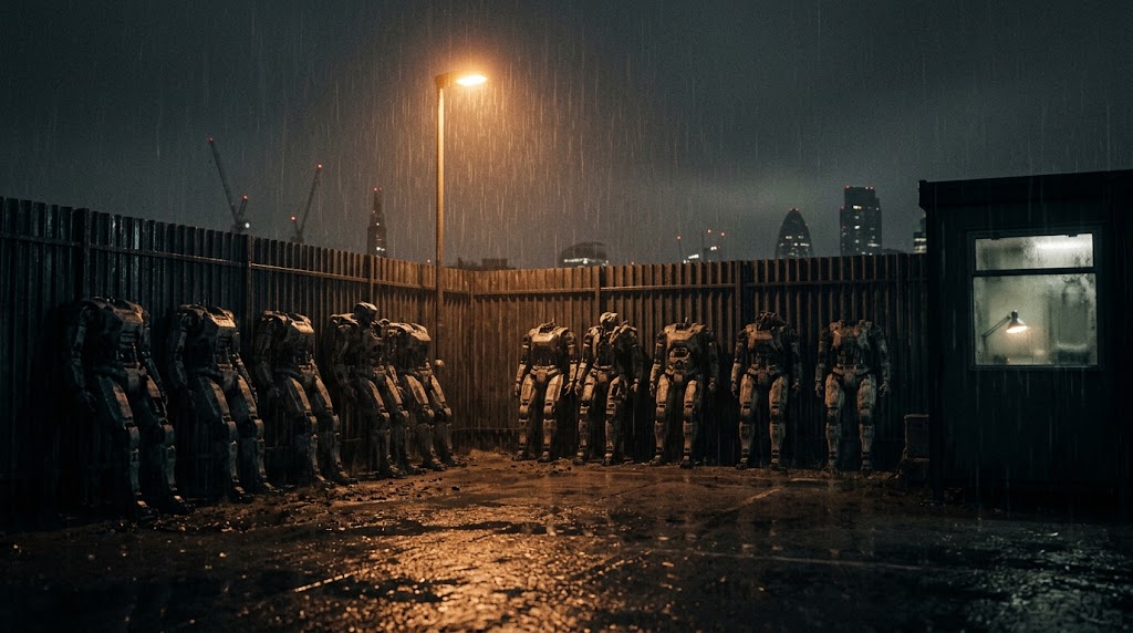 A rain-lit London Frame-recovery yard at night.