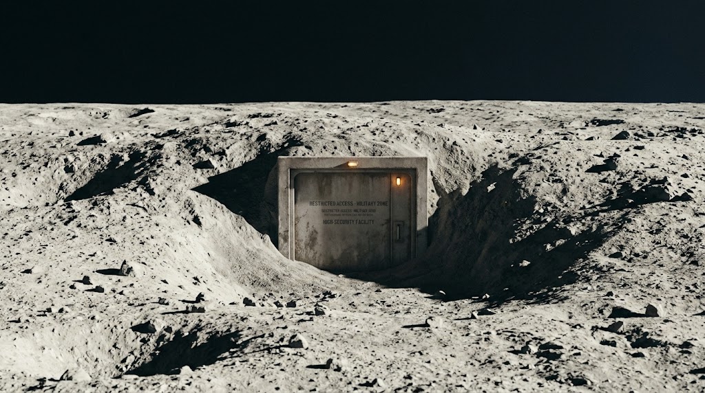 A hidden military bunker entrance on the Moon's surface.