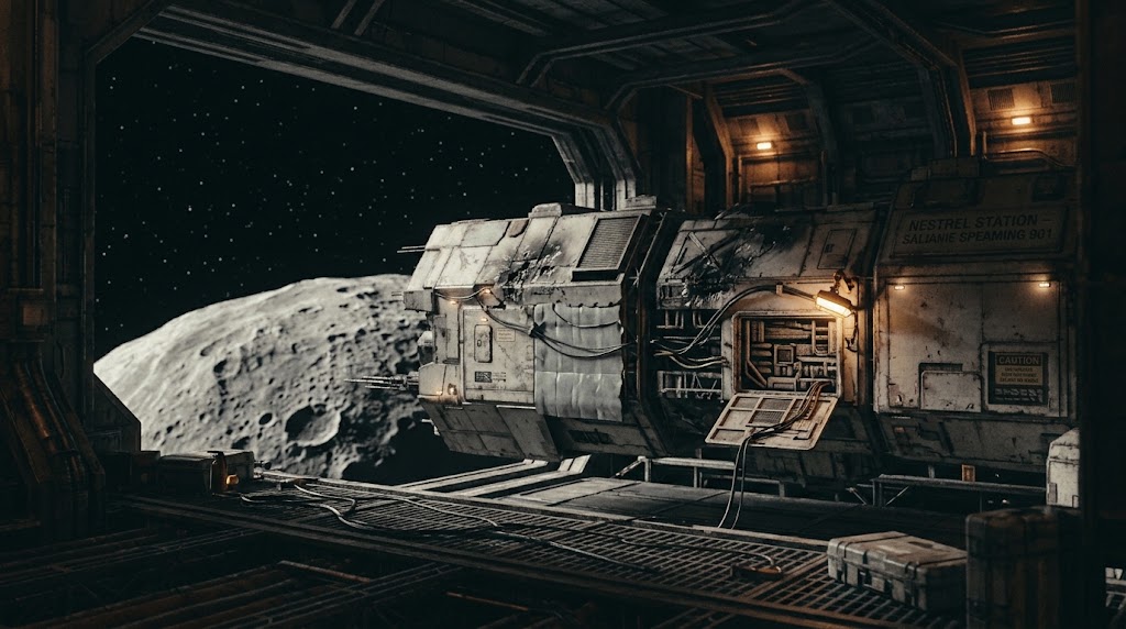 A ship docked at a quiet outpost near Vesta, in the asteroid belt.